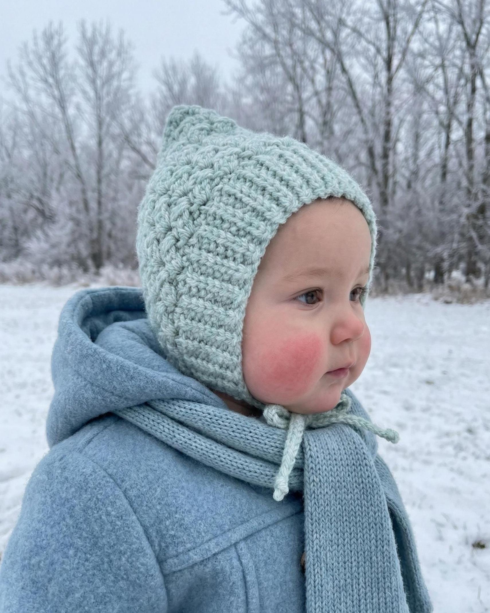Baby Pixie Bonnet Hat: Secure Tie, Warm Ear Coverage Handmade Crochet Toddler Bonnet - sky blue color