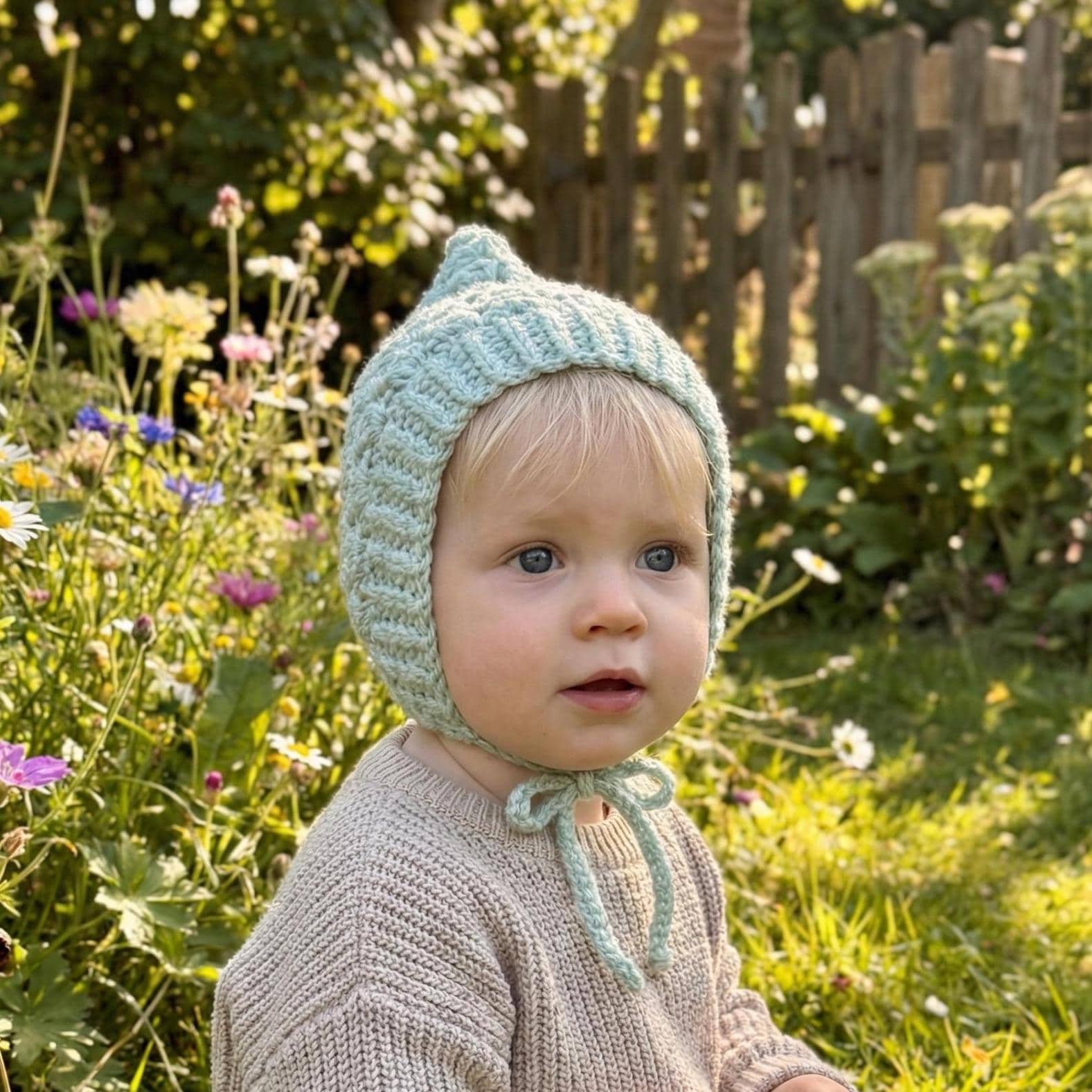 Toddler Pixie Bonnet Hat: Secure Tie, Warm Ear Coverage Handmade Crochet Baby Bonnet - light mint color
