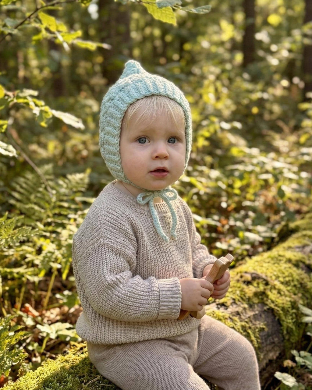 Toddler Pixie Bonnet Hat: Secure Tie, Warm Ear Coverage Handmade Crochet Baby Bonnet - light mint color