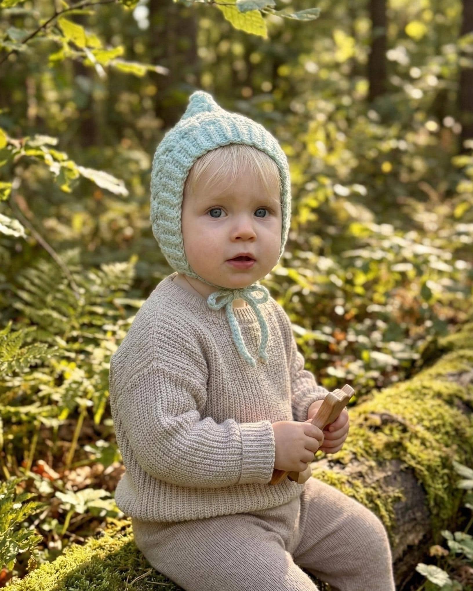 Toddler Pixie Bonnet Hat: Secure Tie, Warm Ear Coverage Handmade Crochet Baby Bonnet - light mint color