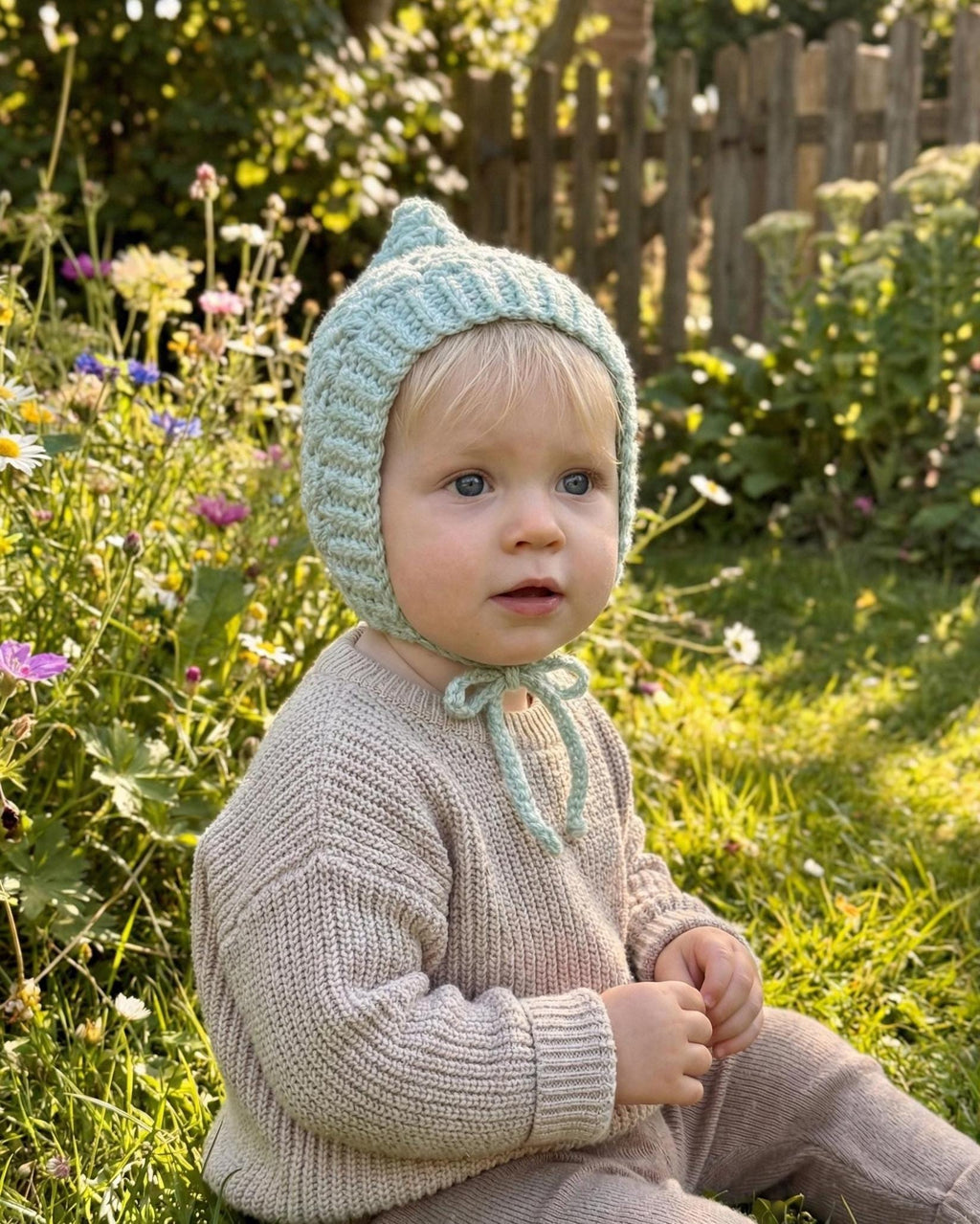 Baby Pixie Bonnet Hat: Secure Tie, Warm Ear Coverage Handmade Crochet Toddler Bonnet - almond color