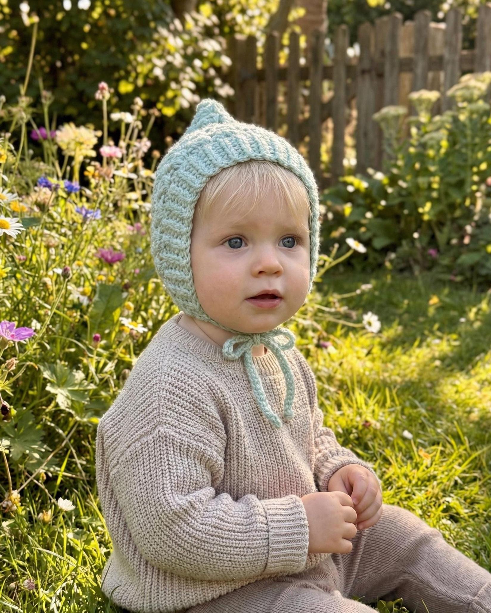 Baby Pixie Bonnet Hat: Secure Tie, Warm Ear Coverage Handmade Crochet Toddler Bonnet - almond color