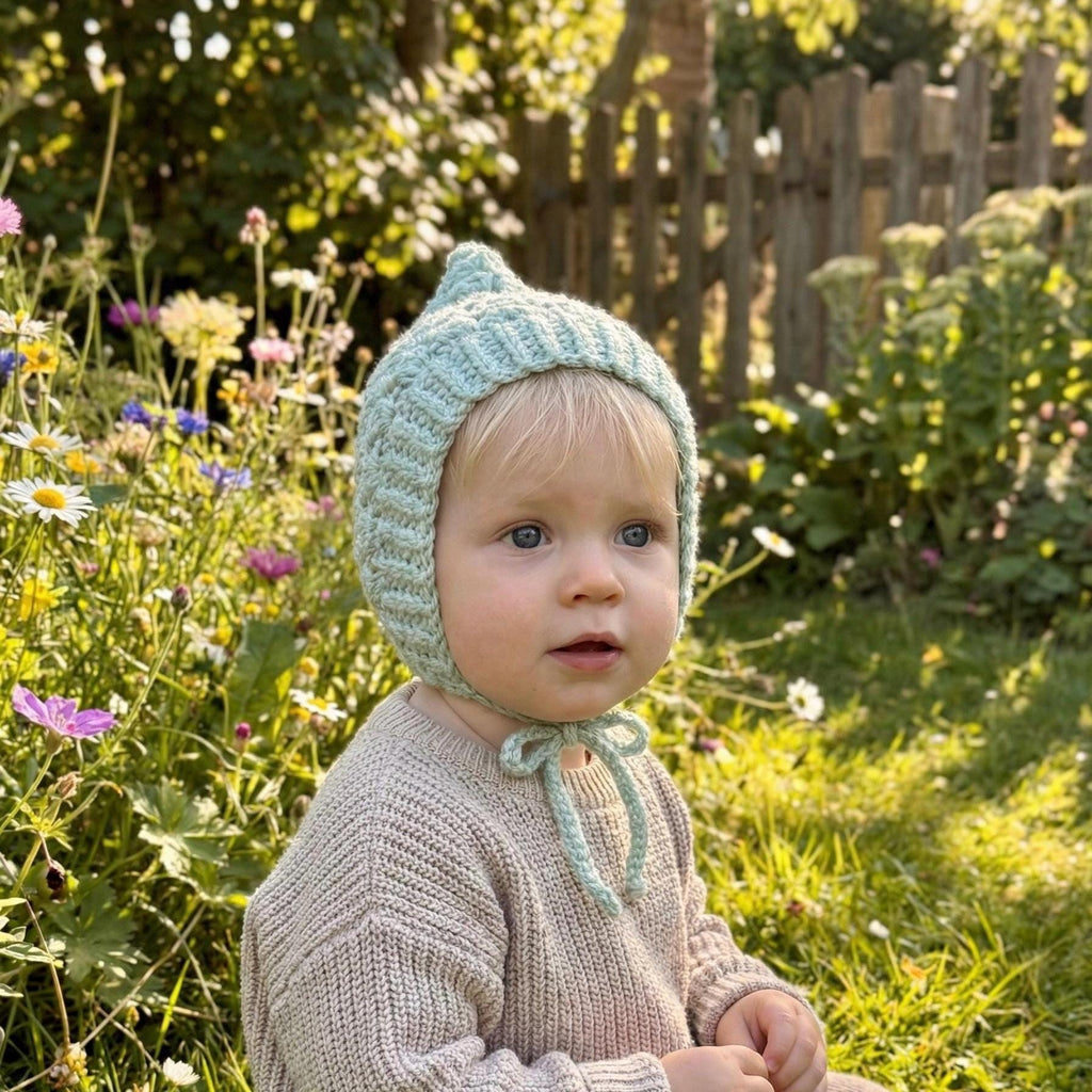 May include: A light green knitted baby bonnet with a pointed top and tie closure. The bonnet is worn by a baby wearing a beige sweater, sitting in a garden with flowers and a wooden fence in the background.