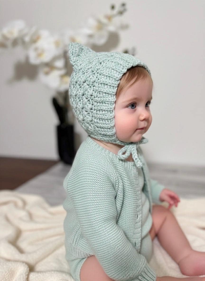 Baby Pixie Bonnet Hat: Secure Tie, Warm Ear Coverage Handmade Crochet Toddler Bonnet - sky blue color
