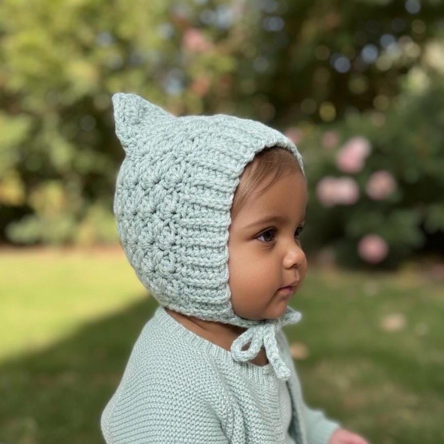 Toddler Pixie Bonnet Hat: Secure Tie, Warm Ear Coverage Handmade Crochet Baby Bonnet - light mint color