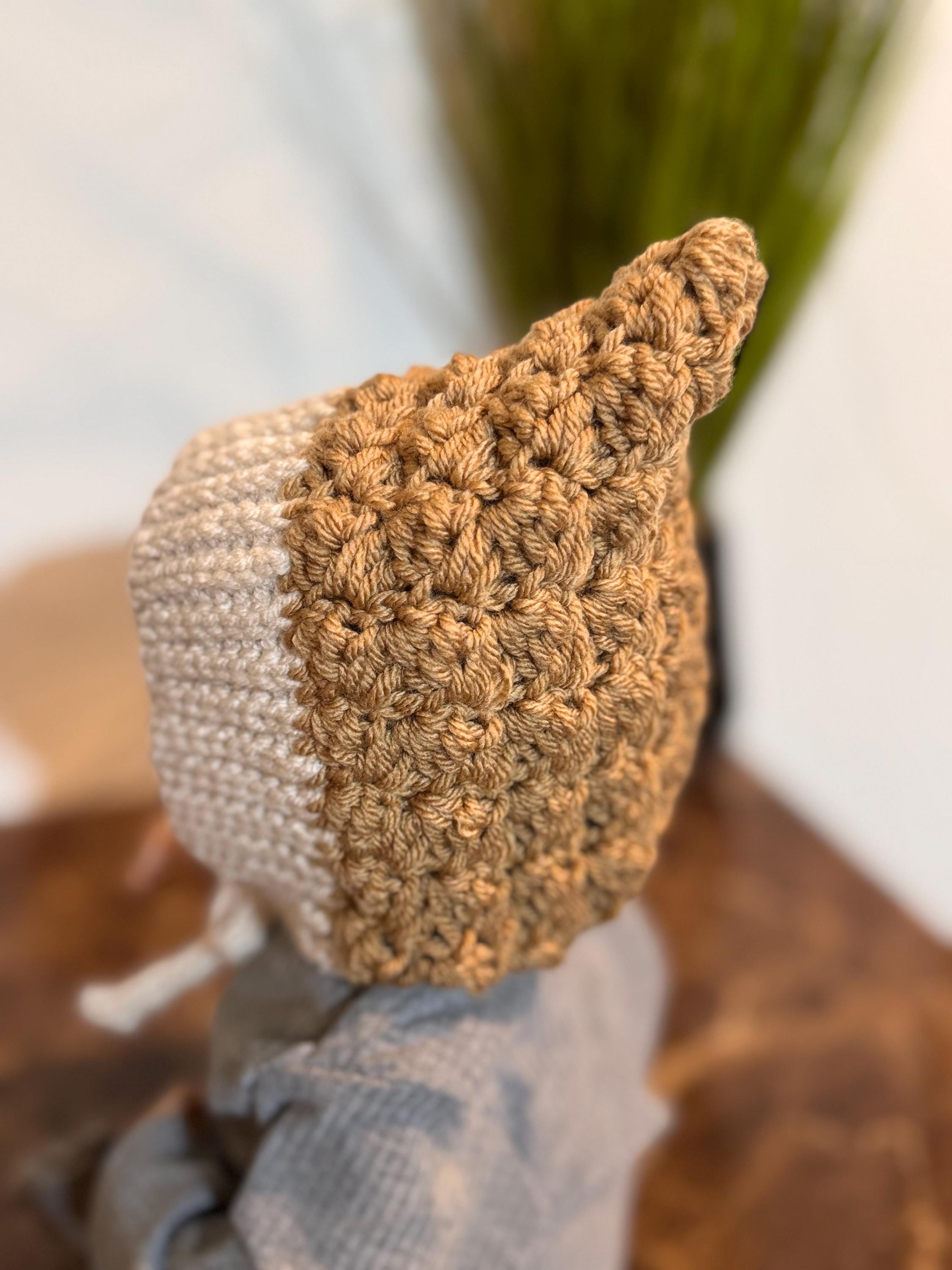 Crochet Baby Bonnet, Handmade Pixie Hat, Dusty Rose and Beige