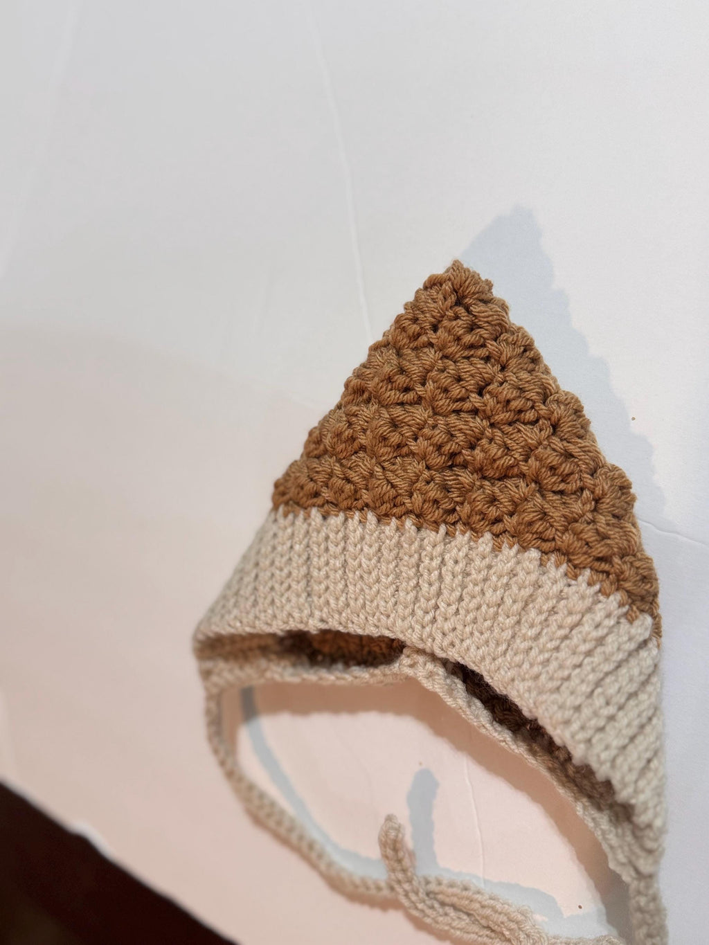 Crochet Baby Bonnet, Handmade Pixie Hat, Dusty Rose and Beige