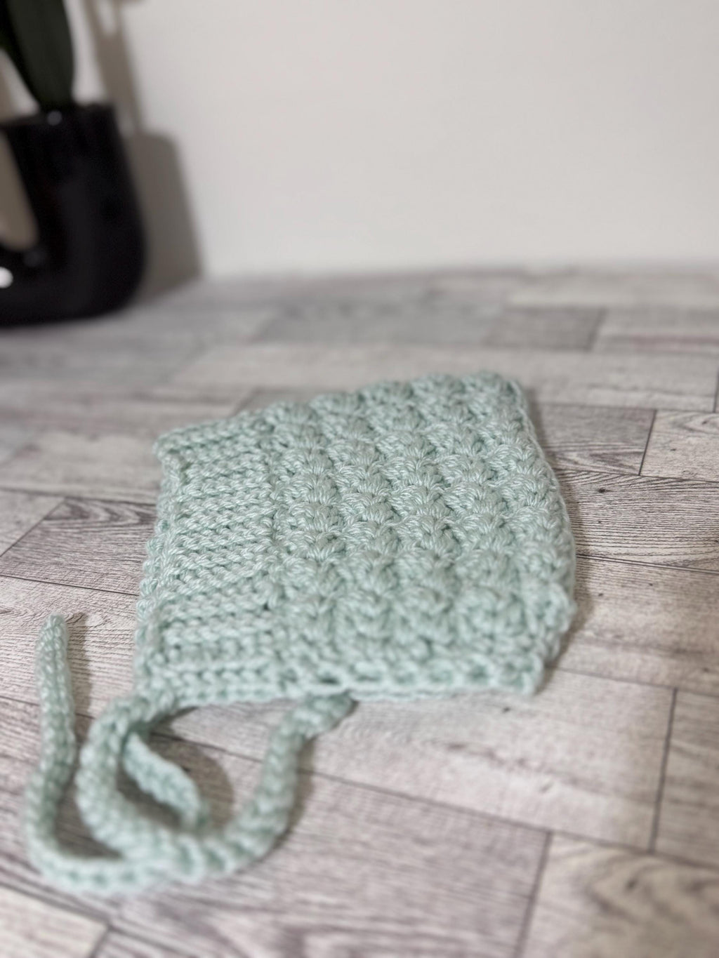 Toddler Pixie Bonnet Hat: Secure Tie, Warm Ear Coverage Handmade Crochet Baby Bonnet - light mint color