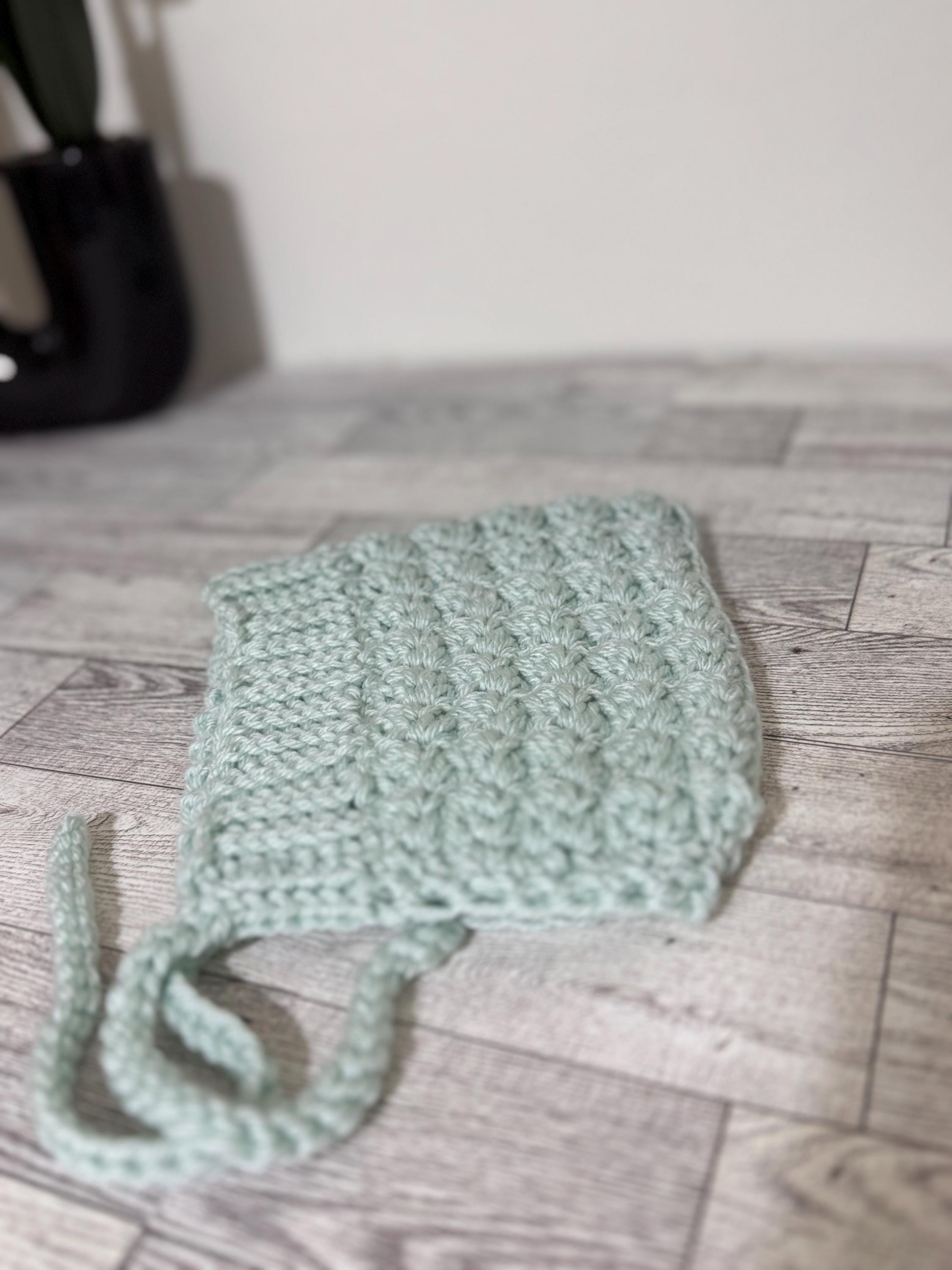Toddler Pixie Bonnet Hat: Secure Tie, Warm Ear Coverage Handmade Crochet Baby Bonnet - light mint color