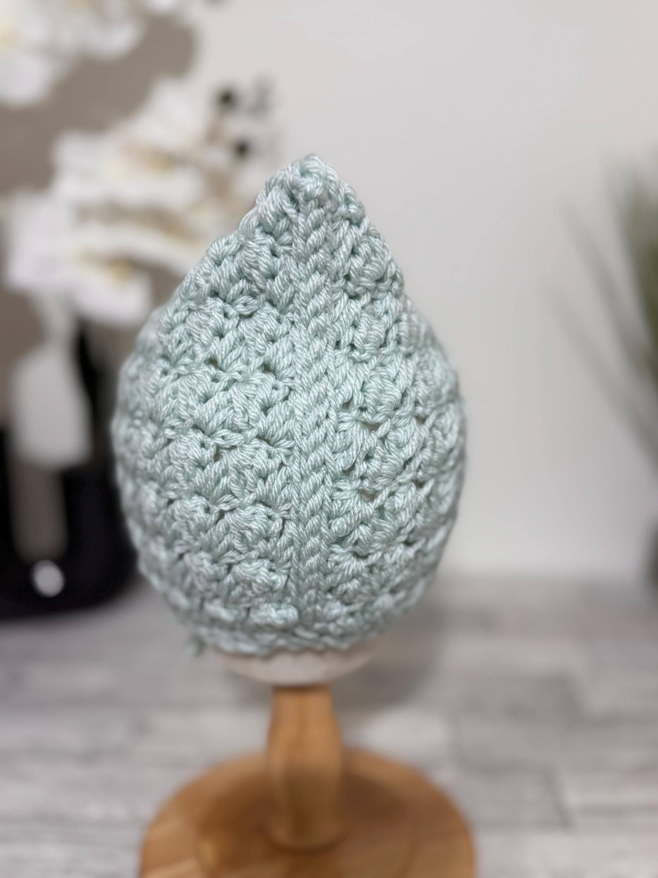 Toddler Pixie Bonnet Hat: Secure Tie, Warm Ear Coverage Handmade Crochet Baby Bonnet - light mint color