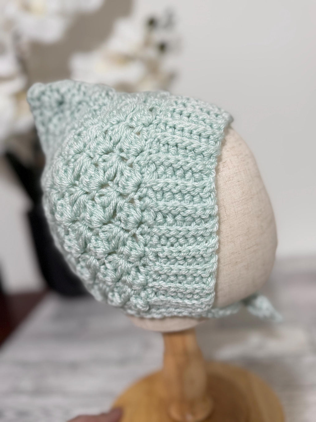 Baby Pixie Bonnet Hat: Secure Tie, Warm Ear Coverage Handmade Crochet Toddler Bonnet - sky blue color