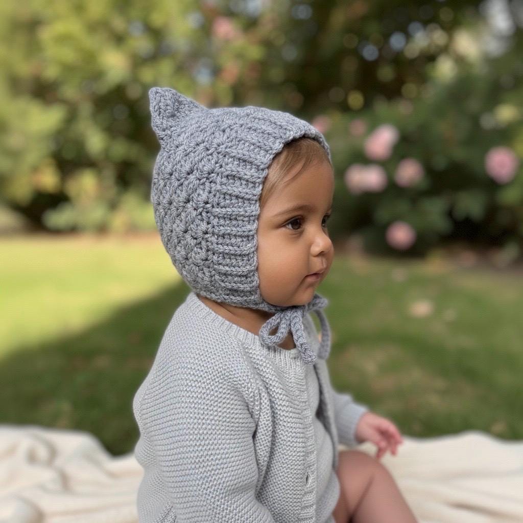 Baby Pixie Bonnet Hat: Secure Tie, Warm Ear Coverage Handmade Crochet Toddler Bonnet - sky blue color