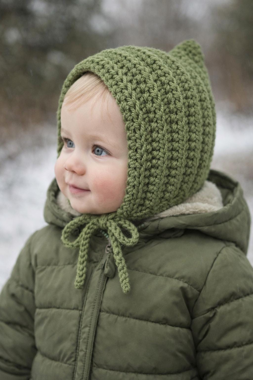 Baby Pixie Bonnet Hat: Secure Tie, Warm Ear Coverage Handmade Crochet Toddler Bonnet - sage green color