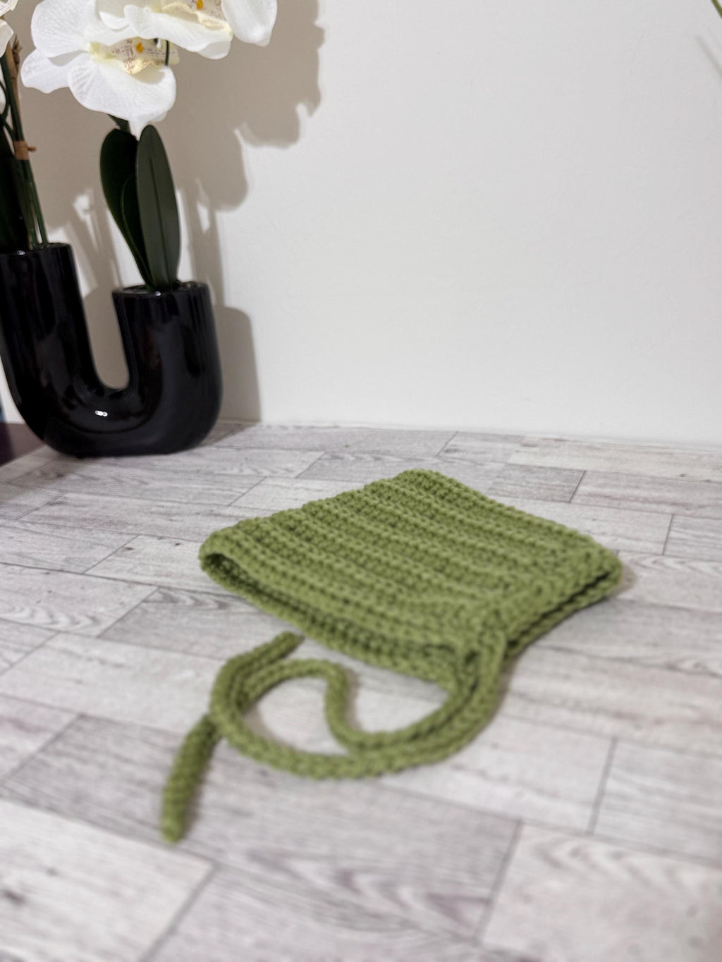 Baby Pixie Bonnet Hat: Secure Tie, Warm Ear Coverage Handmade Crochet Toddler Bonnet - sage green color