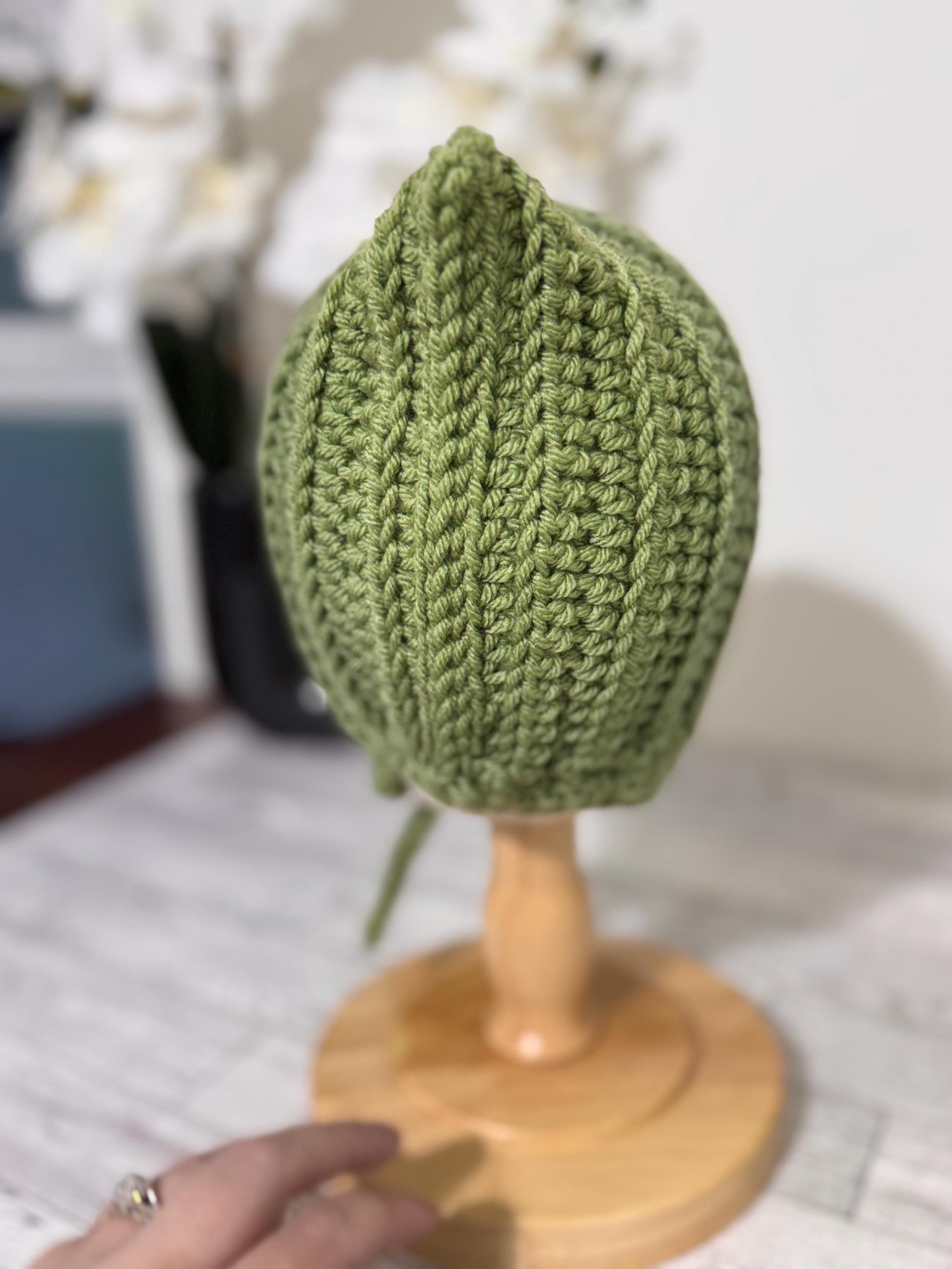 Baby Pixie Bonnet Hat: Secure Tie, Warm Ear Coverage Handmade Crochet Toddler Bonnet - sage green color