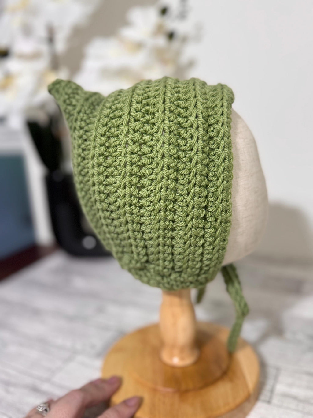 Baby Pixie Bonnet Hat: Secure Tie, Warm Ear Coverage Handmade Crochet Toddler Bonnet - sage green color