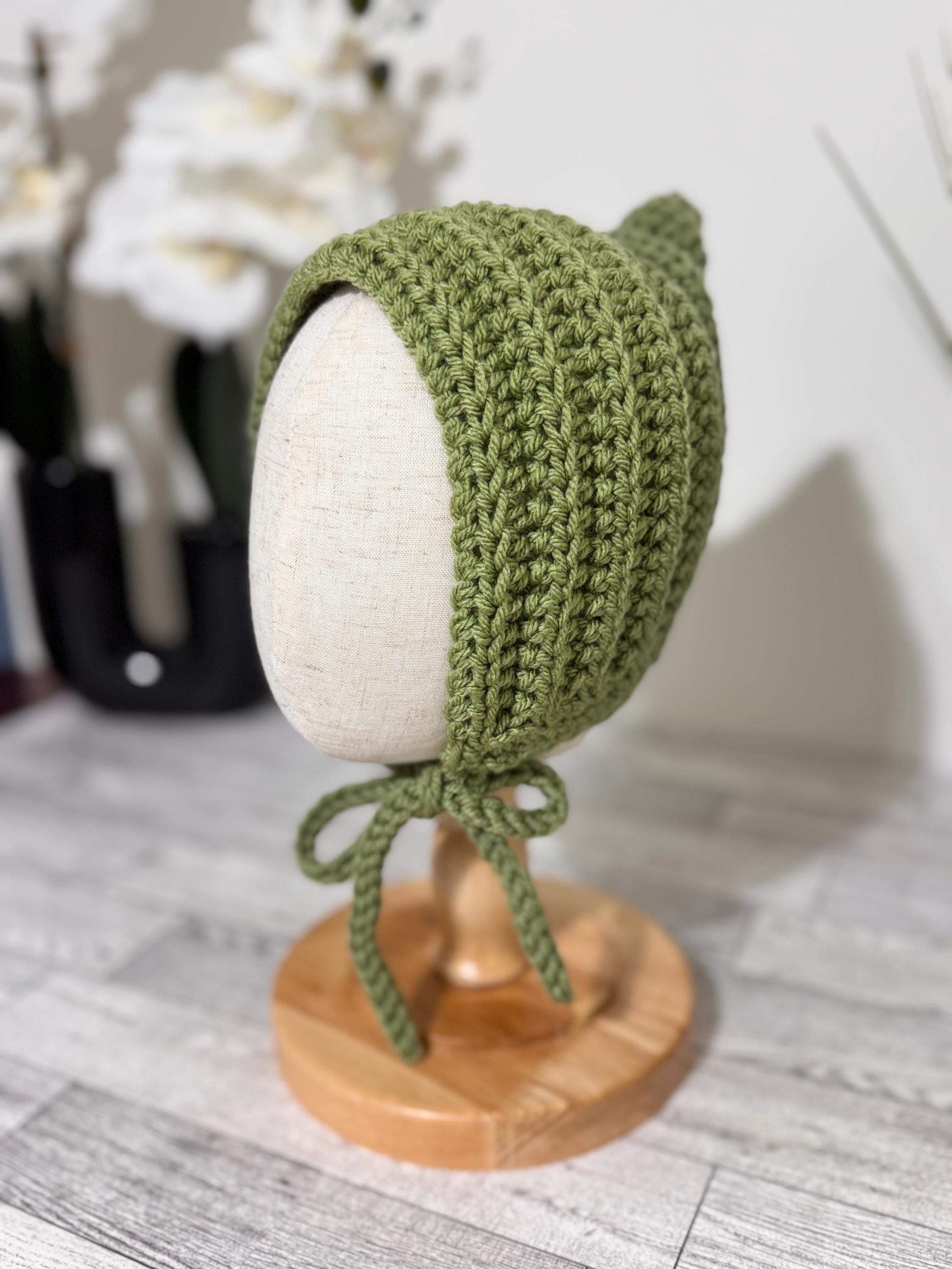 Baby Pixie Bonnet Hat: Secure Tie, Warm Ear Coverage Handmade Crochet Toddler Bonnet - sage green color