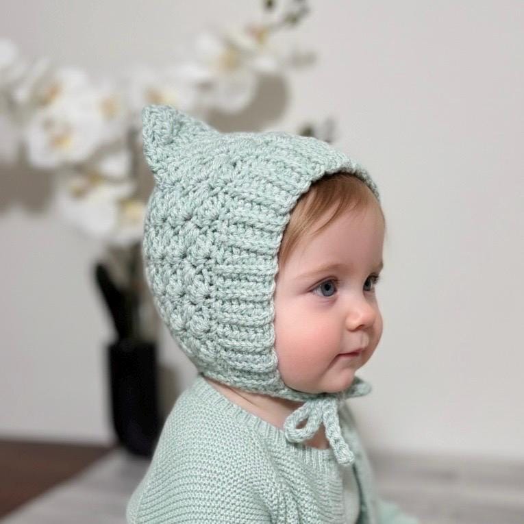 Baby Pixie Bonnet Hat: Secure Tie, Warm Ear Coverage Handmade Crochet Toddler Bonnet - sky blue color
