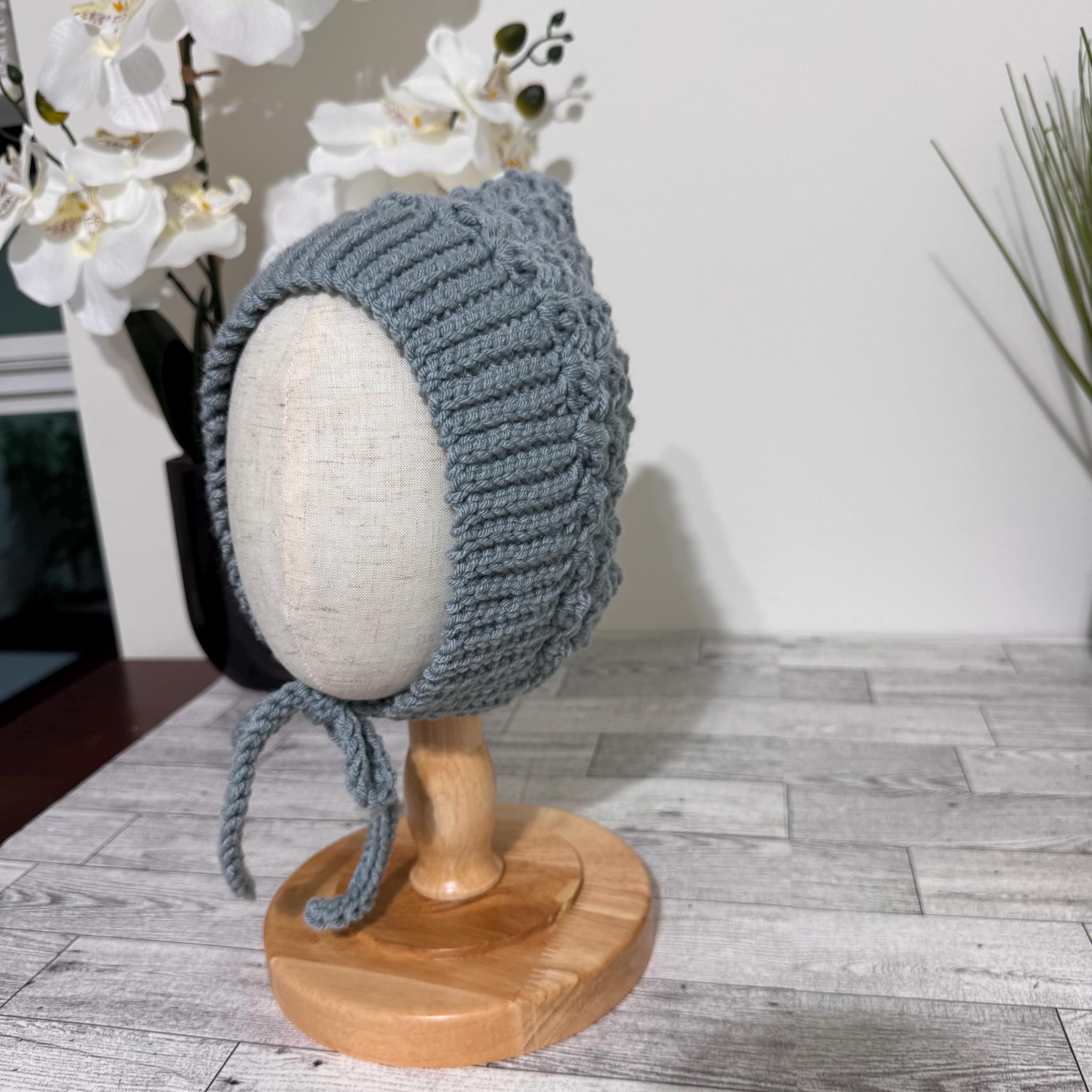 Baby Pixie Bonnet Hat: Secure Tie, Warm Ear Coverage Handmade Crochet Toddler Bonnet - sky blue color