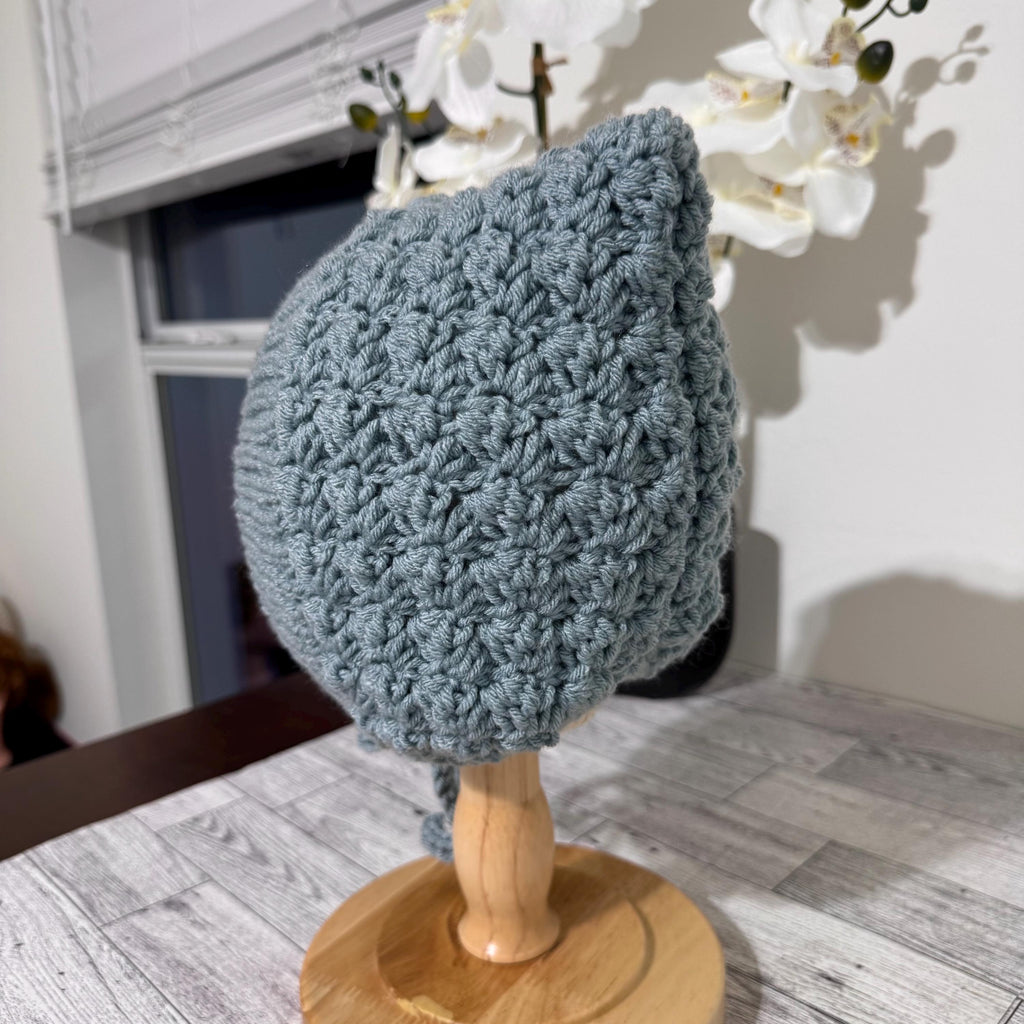 Baby Pixie Bonnet Hat: Secure Tie, Warm Ear Coverage Handmade Crochet Toddler Bonnet - sky blue color