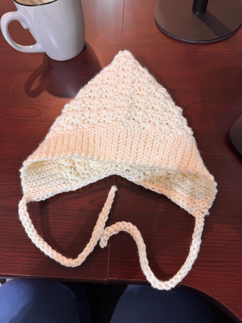 Baby Pixie Bonnet Hat: Secure Tie, Warm Ear Coverage Handmade Crochet Toddler Bonnet - Cream/off-white color