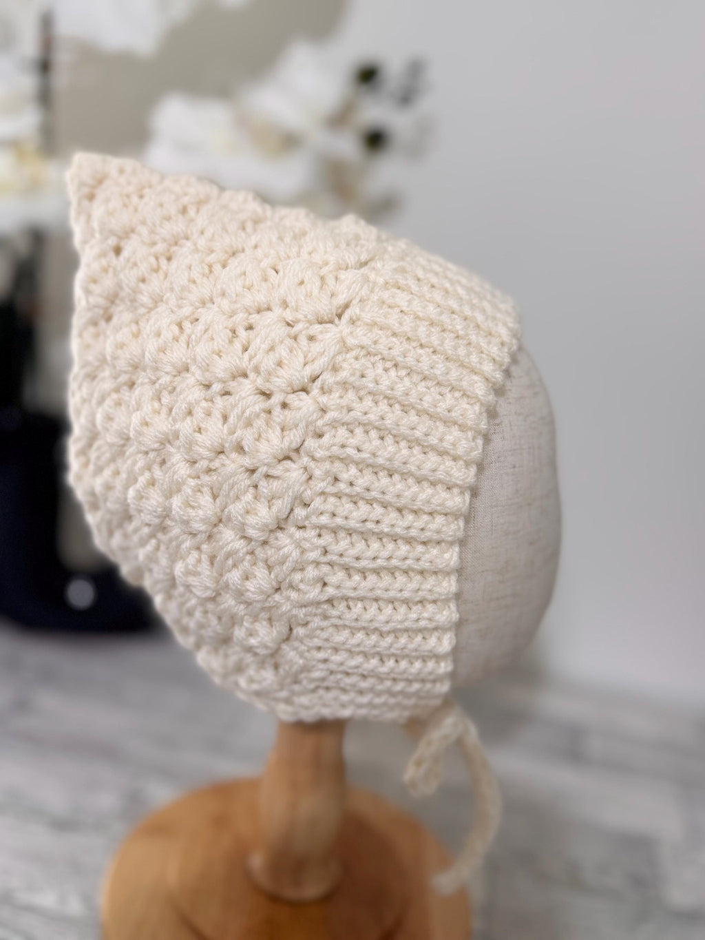Baby Pixie Bonnet Hat: Secure Tie, Warm Ear Coverage Handmade Crochet Toddler Bonnet - Cream/off-white color