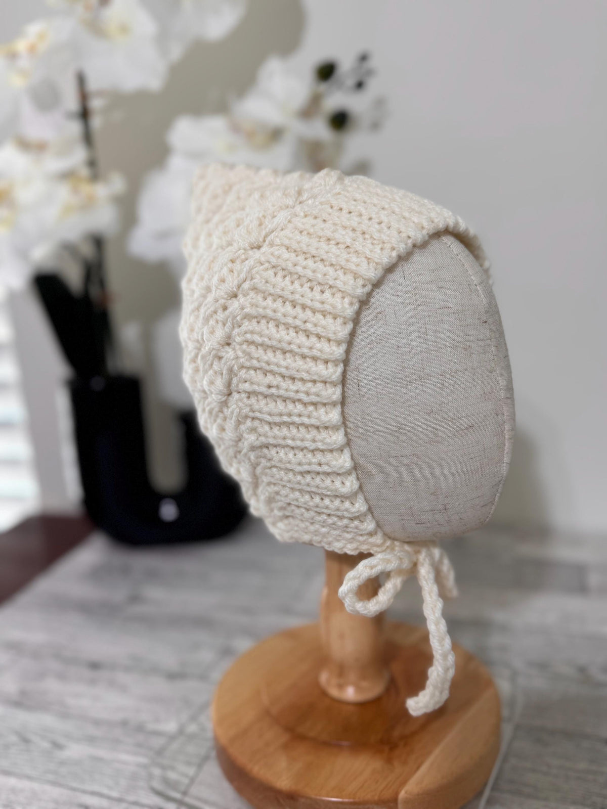 Baby Pixie Bonnet Hat: Secure Tie, Warm Ear Coverage Handmade Crochet Toddler Bonnet - Cream/off-white color