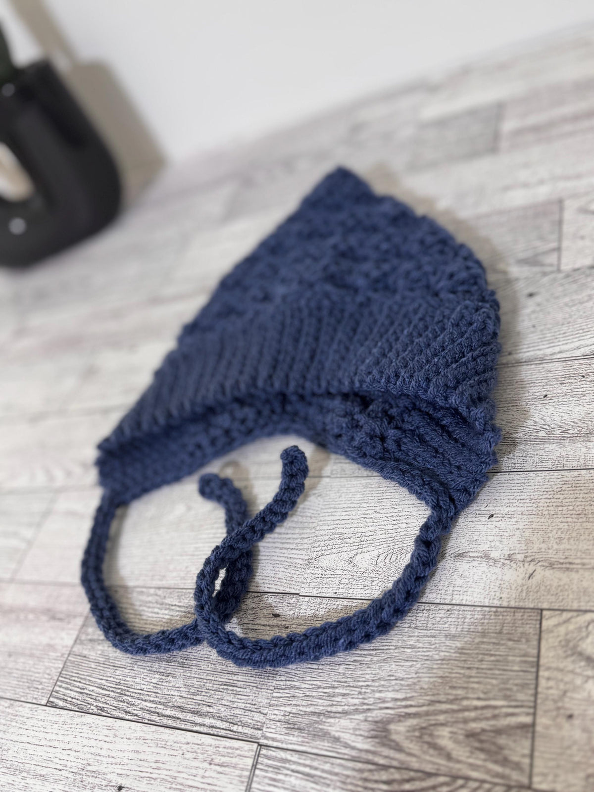 Baby Pixie Bonnet Hat: Secure Tie, Warm Ear Coverage Handmade Crochet Toddler Bonnet - Country Blue color
