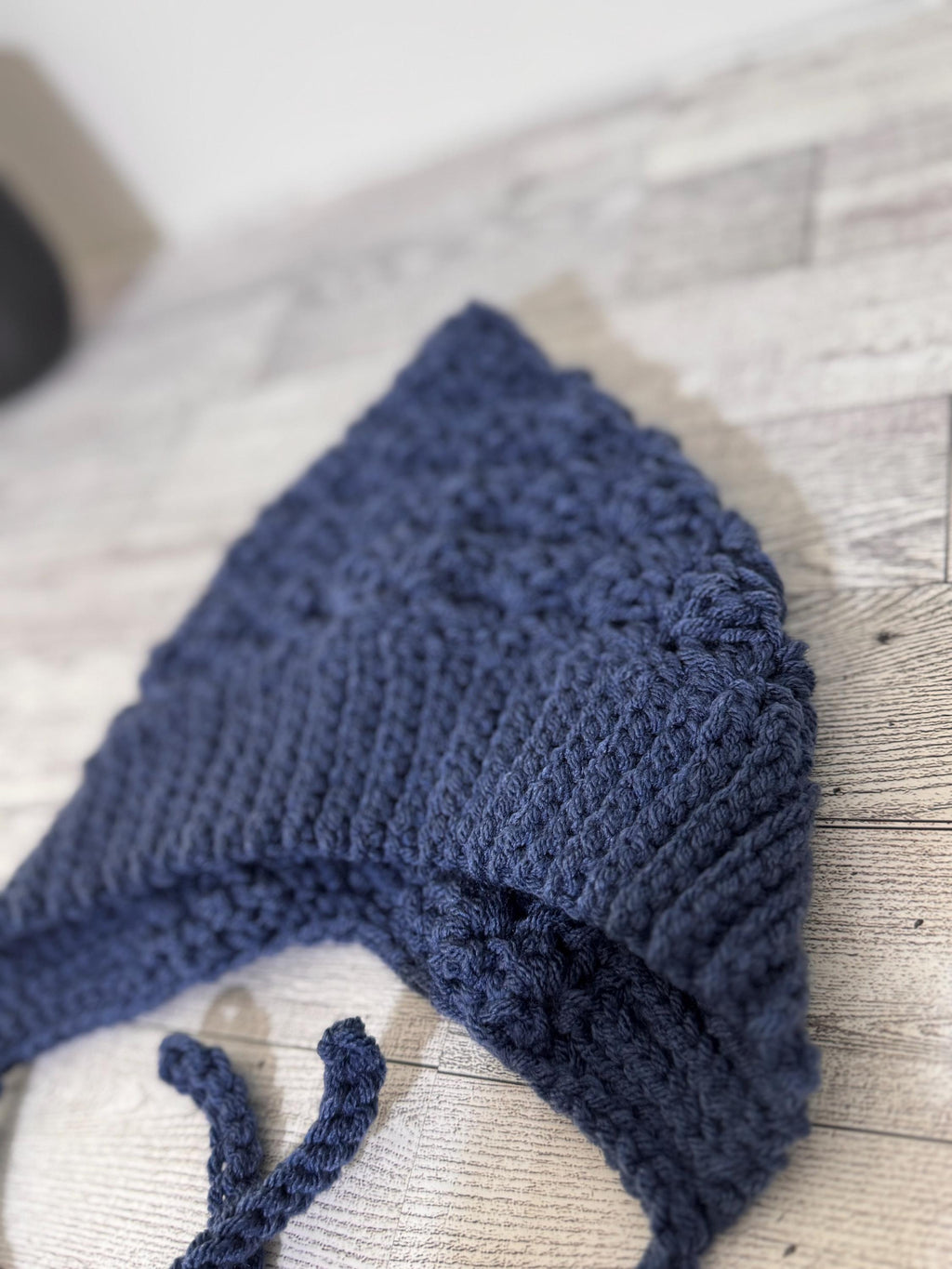 Baby Pixie Bonnet Hat: Secure Tie, Warm Ear Coverage Handmade Crochet Toddler Bonnet - Country Blue color