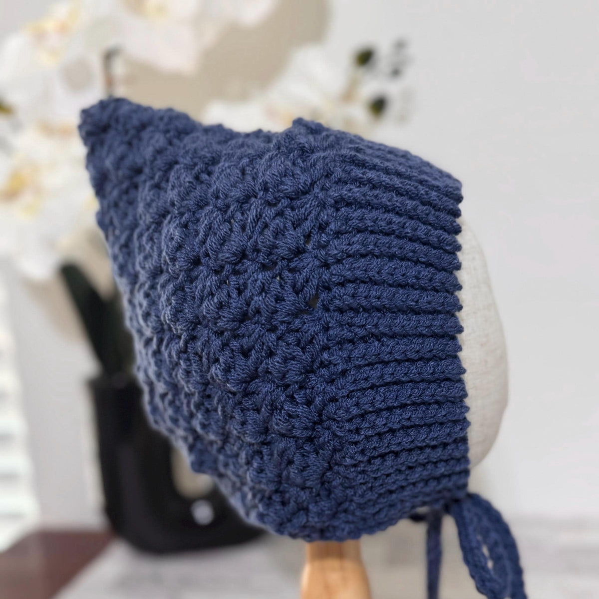 Baby Pixie Bonnet Hat: Secure Tie, Warm Ear Coverage Handmade Crochet Toddler Bonnet - Country Blue color