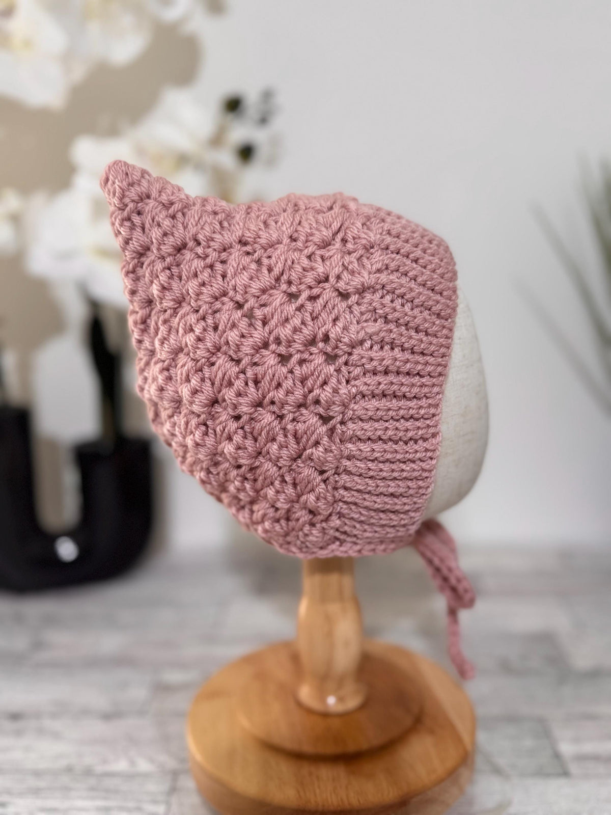 Baby Pixie Bonnet Hat: Secure Tie, Warm Ear Coverage Handmade Crochet Toddler Bonnet - Rose Pink color