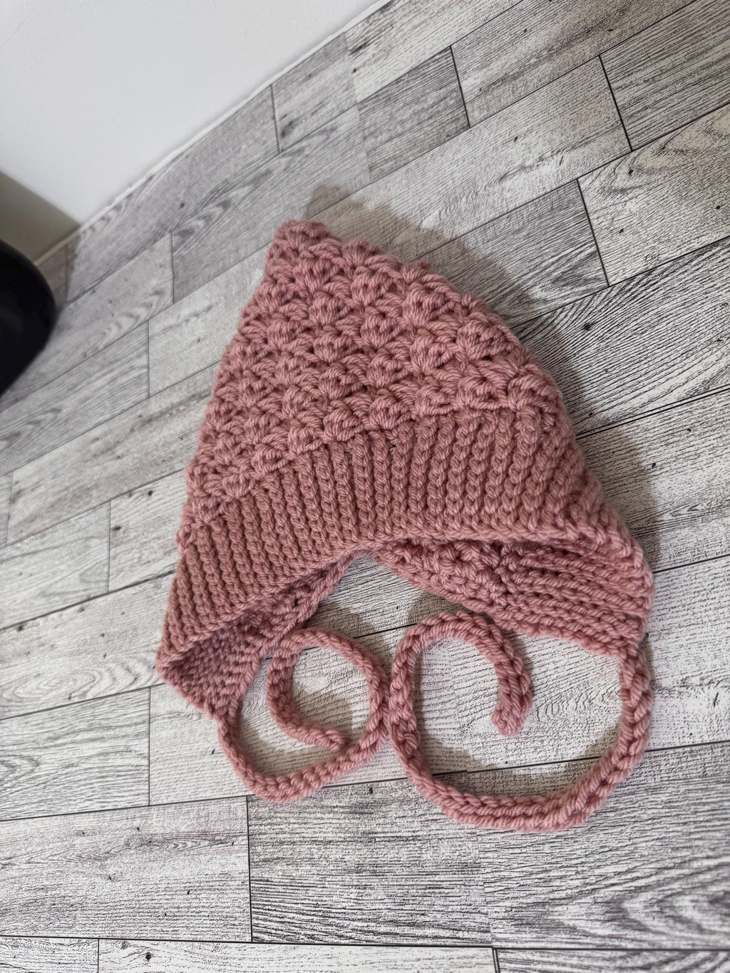 Baby Pixie Bonnet Hat: Secure Tie, Warm Ear Coverage Handmade Crochet Toddler Bonnet - Rose Pink color