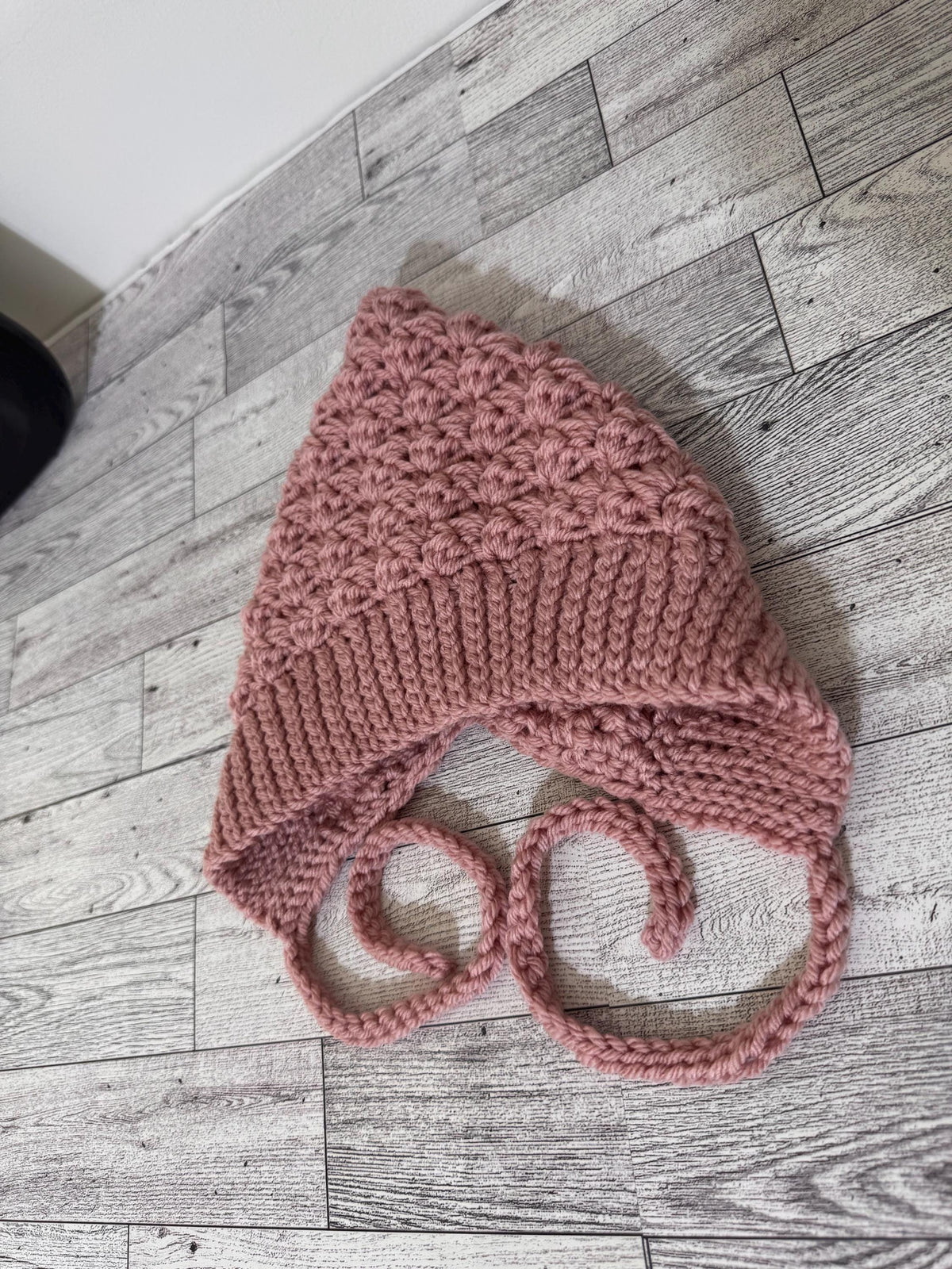 Baby Pixie Bonnet Hat: Secure Tie, Warm Ear Coverage Handmade Crochet Toddler Bonnet - Rose Pink color