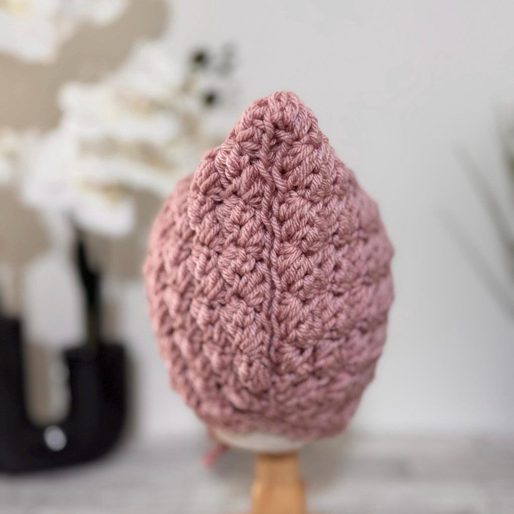 Baby Pixie Bonnet Hat: Secure Tie, Warm Ear Coverage Handmade Crochet Toddler Bonnet - Rose Pink color