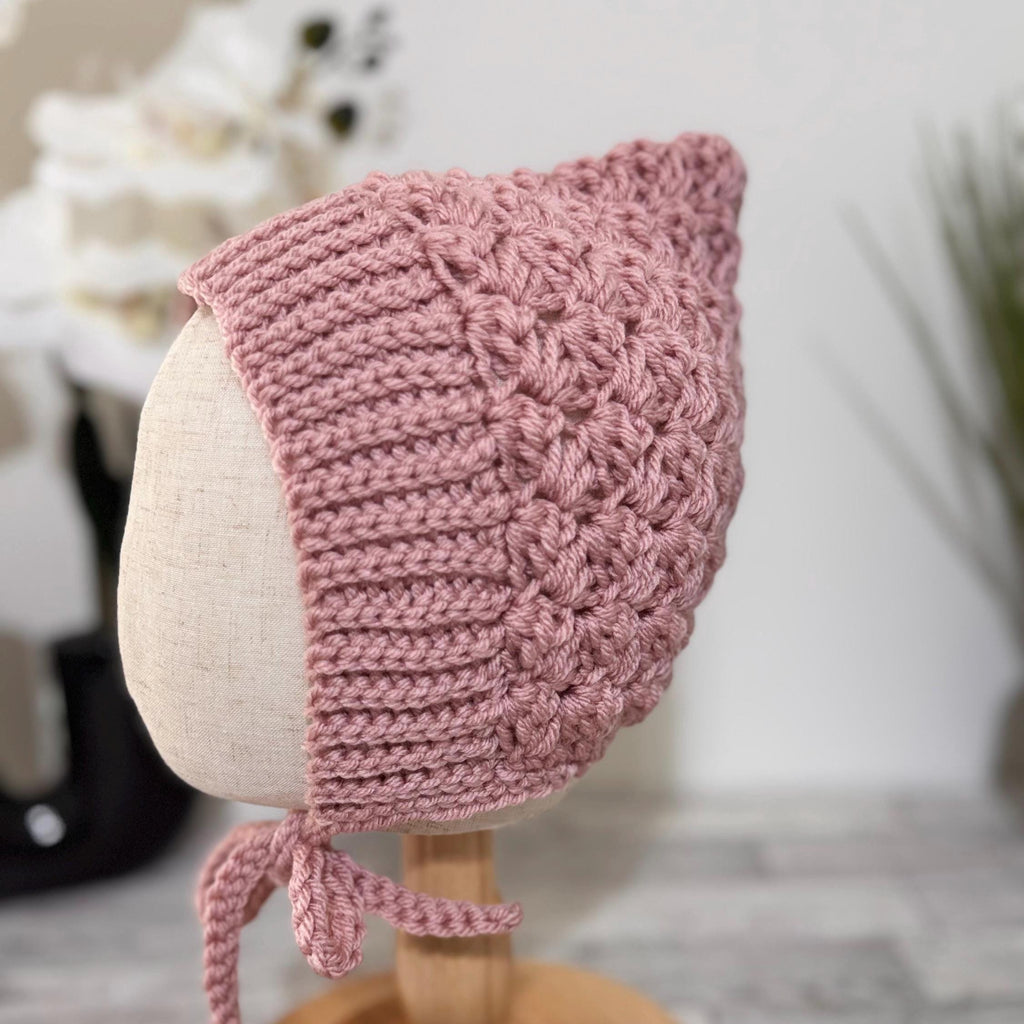 Baby Pixie Bonnet Hat: Secure Tie, Warm Ear Coverage Handmade Crochet Toddler Bonnet - Rose Pink color
