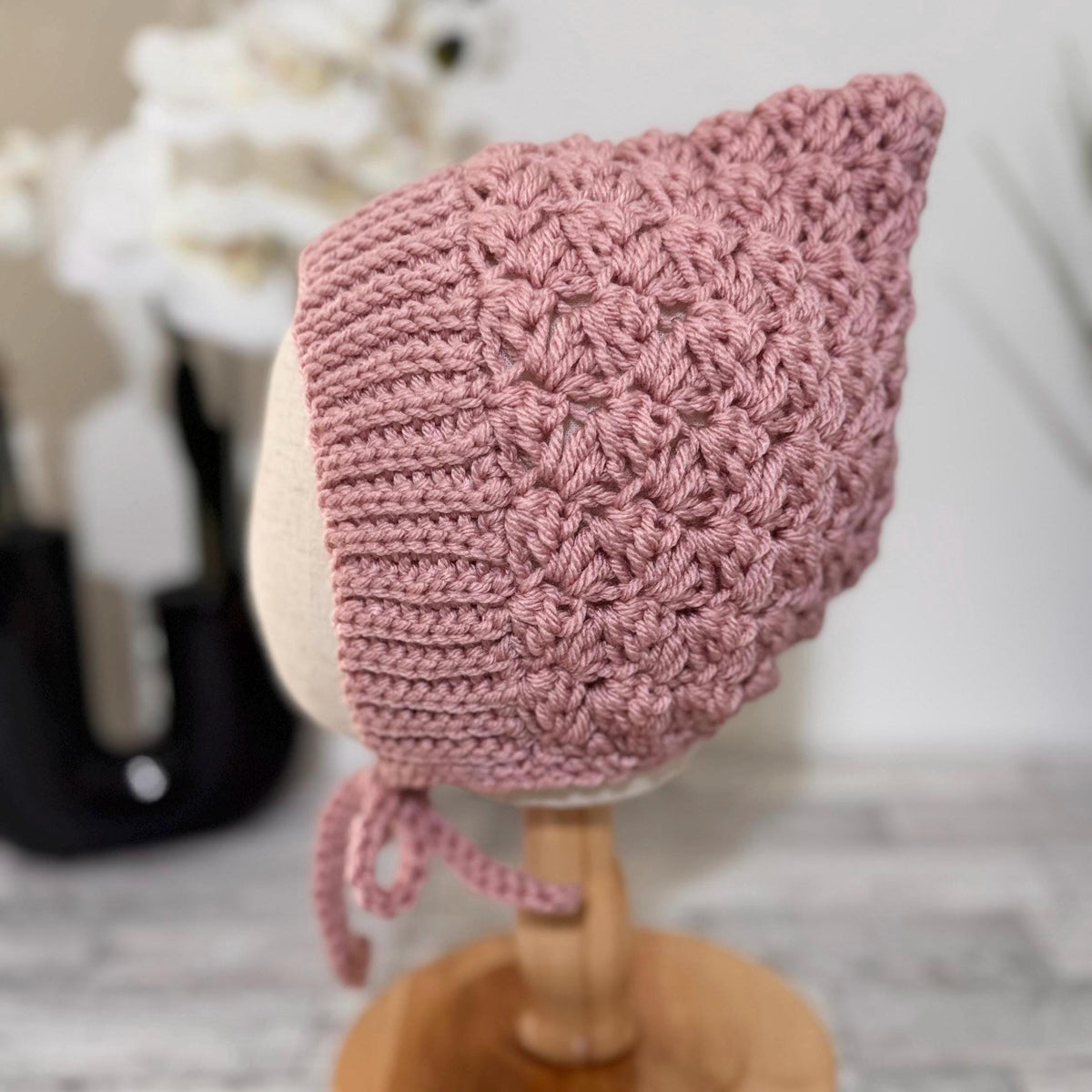 Baby Pixie Bonnet Hat: Secure Tie, Warm Ear Coverage Handmade Crochet Toddler Bonnet - Rose Pink color