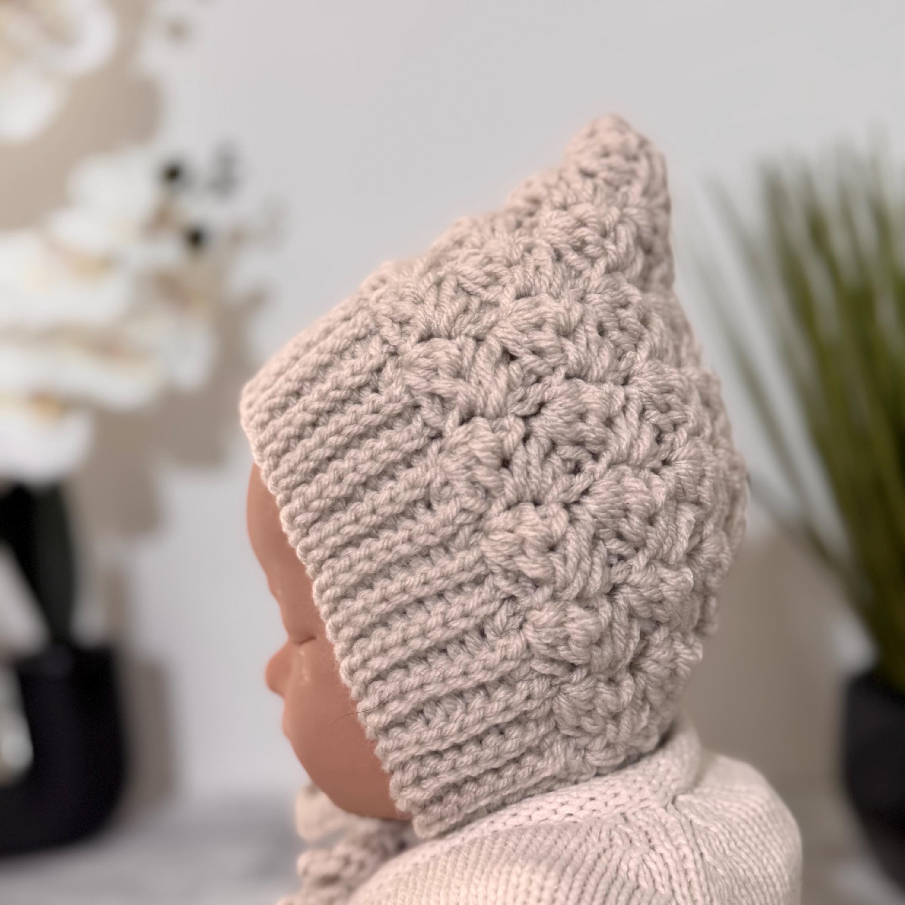 Baby Pixie Bonnet – Secure Tie Crochet Hat with Warm Ear Coverage