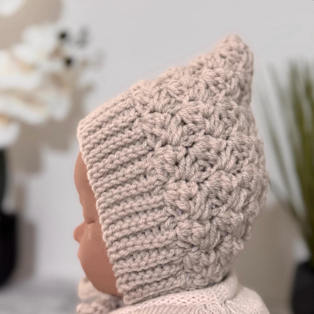 Toddler Pixie Bonnet Hat: Secure Tie, Warm Ear Coverage Handmade Crochet Baby Bonnet - light mint color