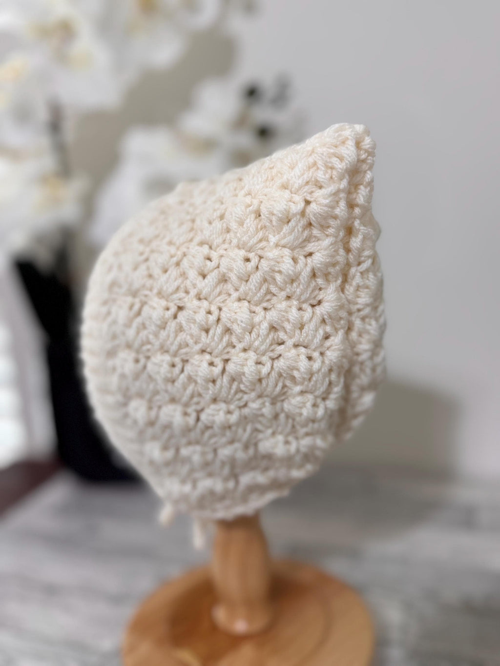 Baby Pixie Bonnet Hat: Secure Tie, Warm Ear Coverage Handmade Crochet Toddler Bonnet - Cream/off-white color