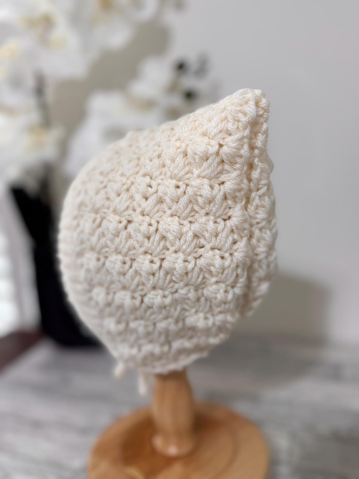 Baby Pixie Bonnet Hat: Secure Tie, Warm Ear Coverage Handmade Crochet Toddler Bonnet - Cream/off-white color