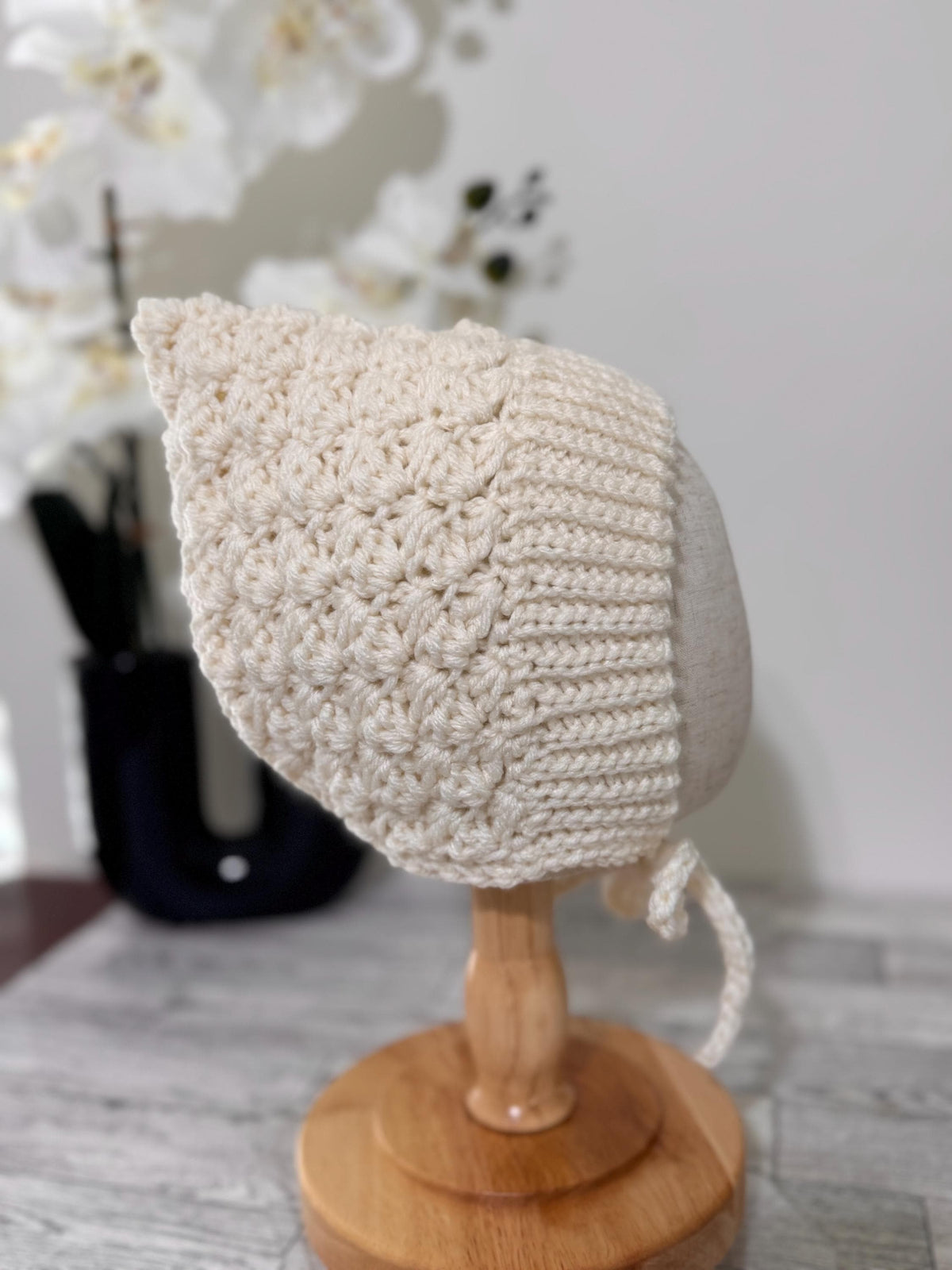 Baby Pixie Bonnet Hat: Secure Tie, Warm Ear Coverage Handmade Crochet Toddler Bonnet - Cream/off-white color