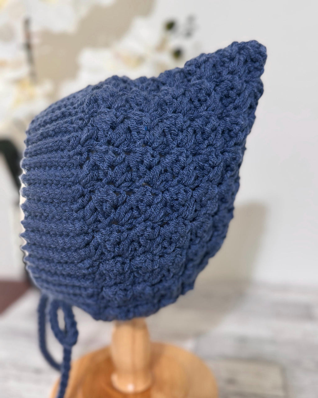 Baby Pixie Bonnet Hat: Secure Tie, Warm Ear Coverage Handmade Crochet Toddler Bonnet - Country Blue color
