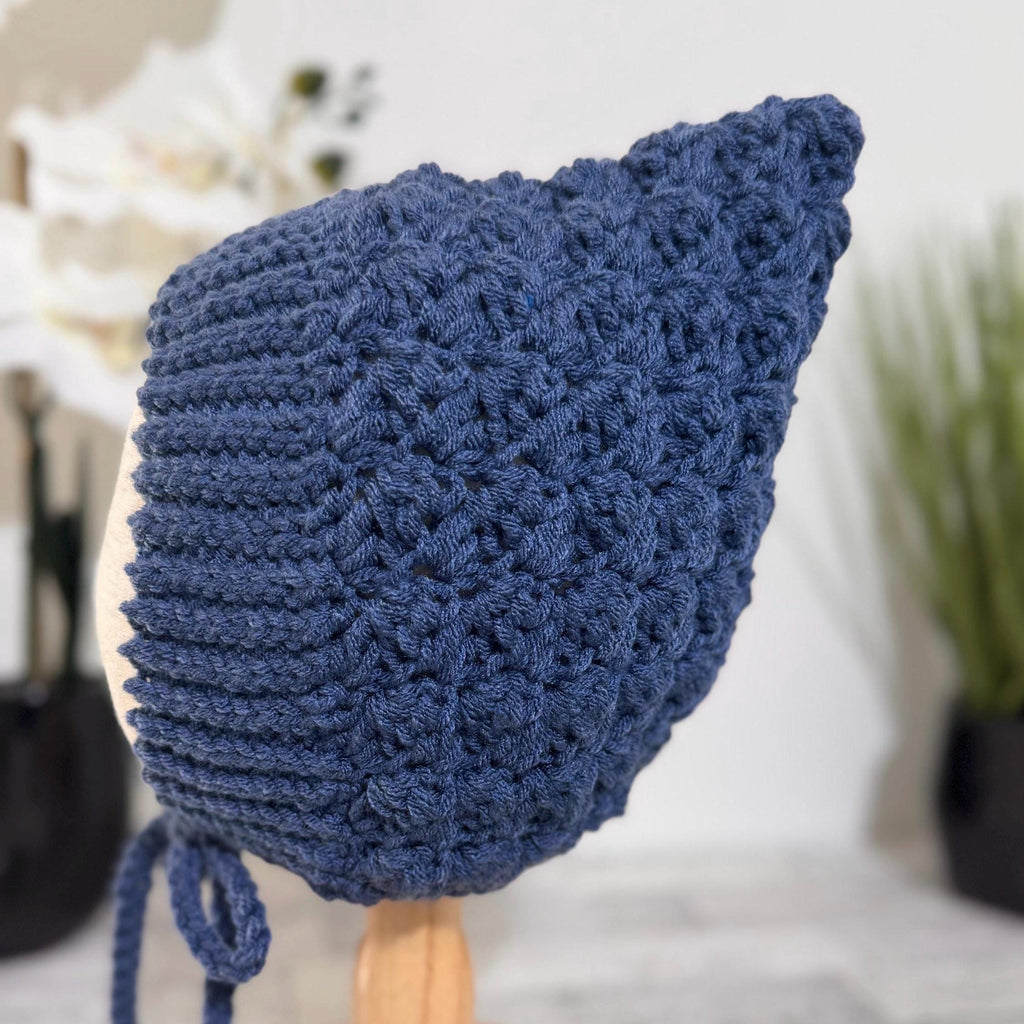 Baby Pixie Bonnet Hat: Secure Tie, Warm Ear Coverage Handmade Crochet Toddler Bonnet - Country Blue color