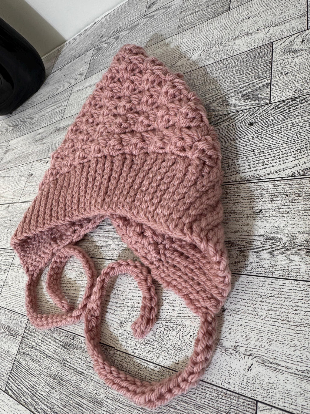Baby Pixie Bonnet Hat: Secure Tie, Warm Ear Coverage Handmade Crochet Toddler Bonnet - Rose Pink color