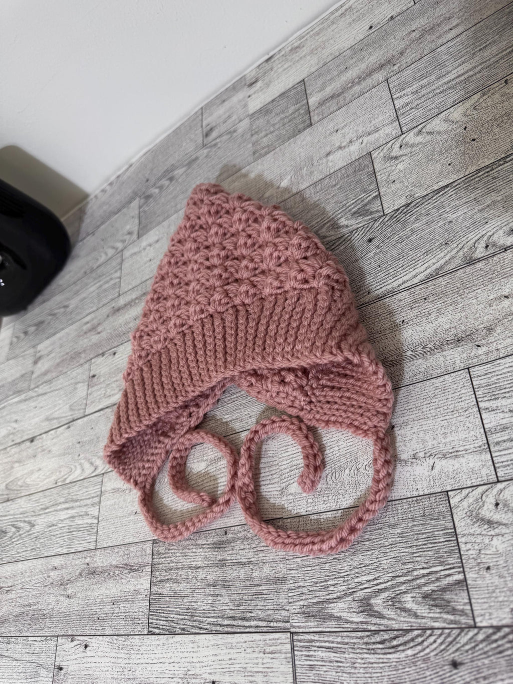 Baby Pixie Bonnet Hat: Secure Tie, Warm Ear Coverage Handmade Crochet Toddler Bonnet - Rose Pink color