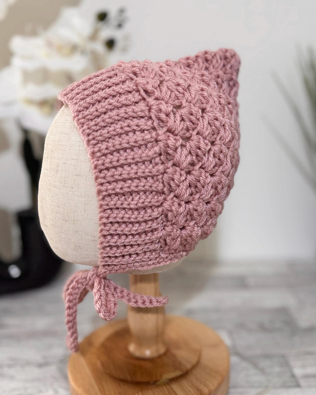Baby Pixie Bonnet Hat: Secure Tie, Warm Ear Coverage Handmade Crochet Toddler Bonnet - Rose Pink color