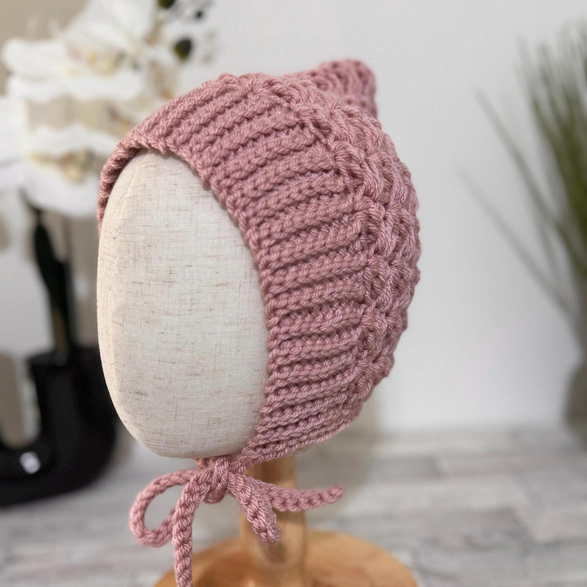 Baby Pixie Bonnet Hat: Secure Tie, Warm Ear Coverage Handmade Crochet Toddler Bonnet - Rose Pink color