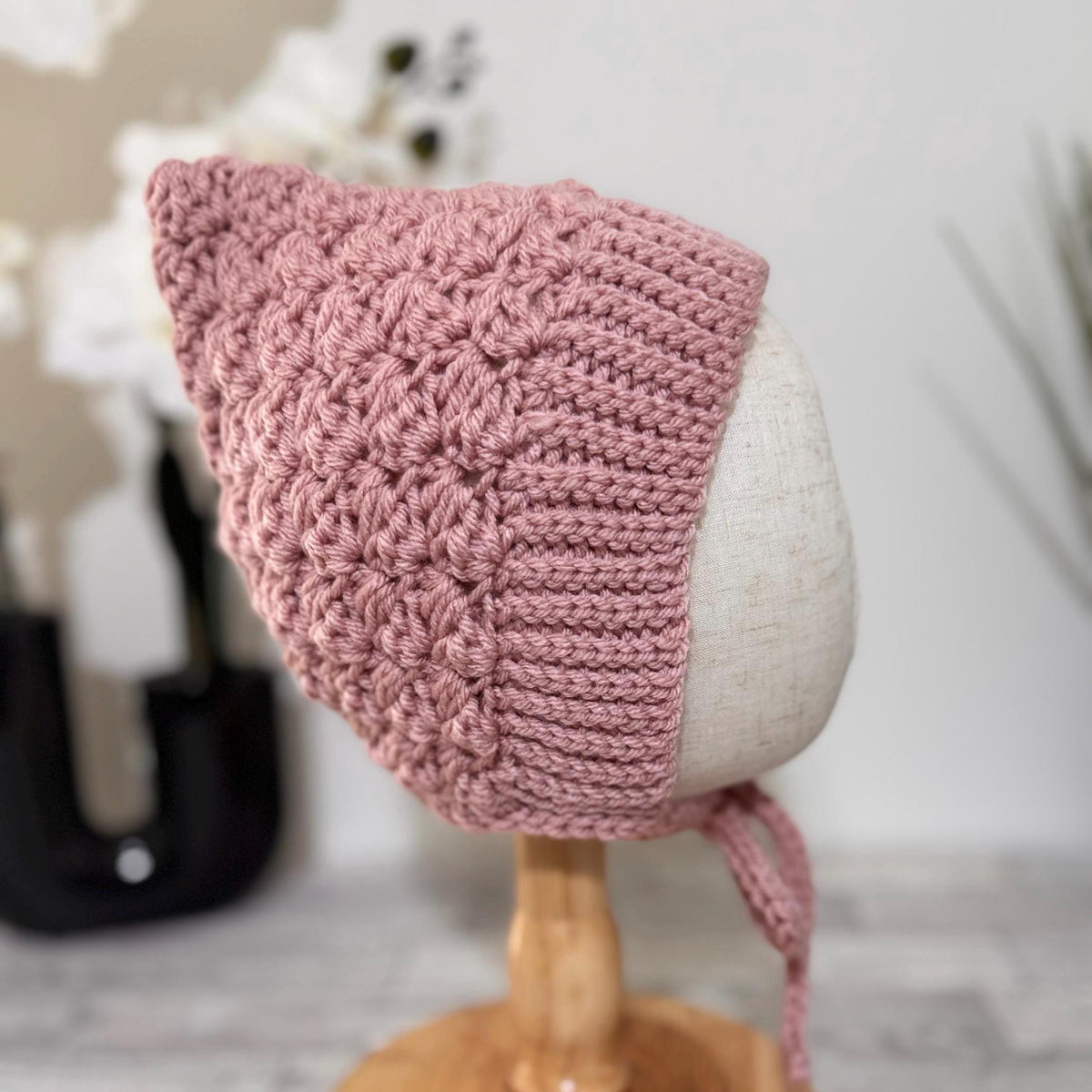 Baby Pixie Bonnet Hat: Secure Tie, Warm Ear Coverage Handmade Crochet Toddler Bonnet - Rose Pink color