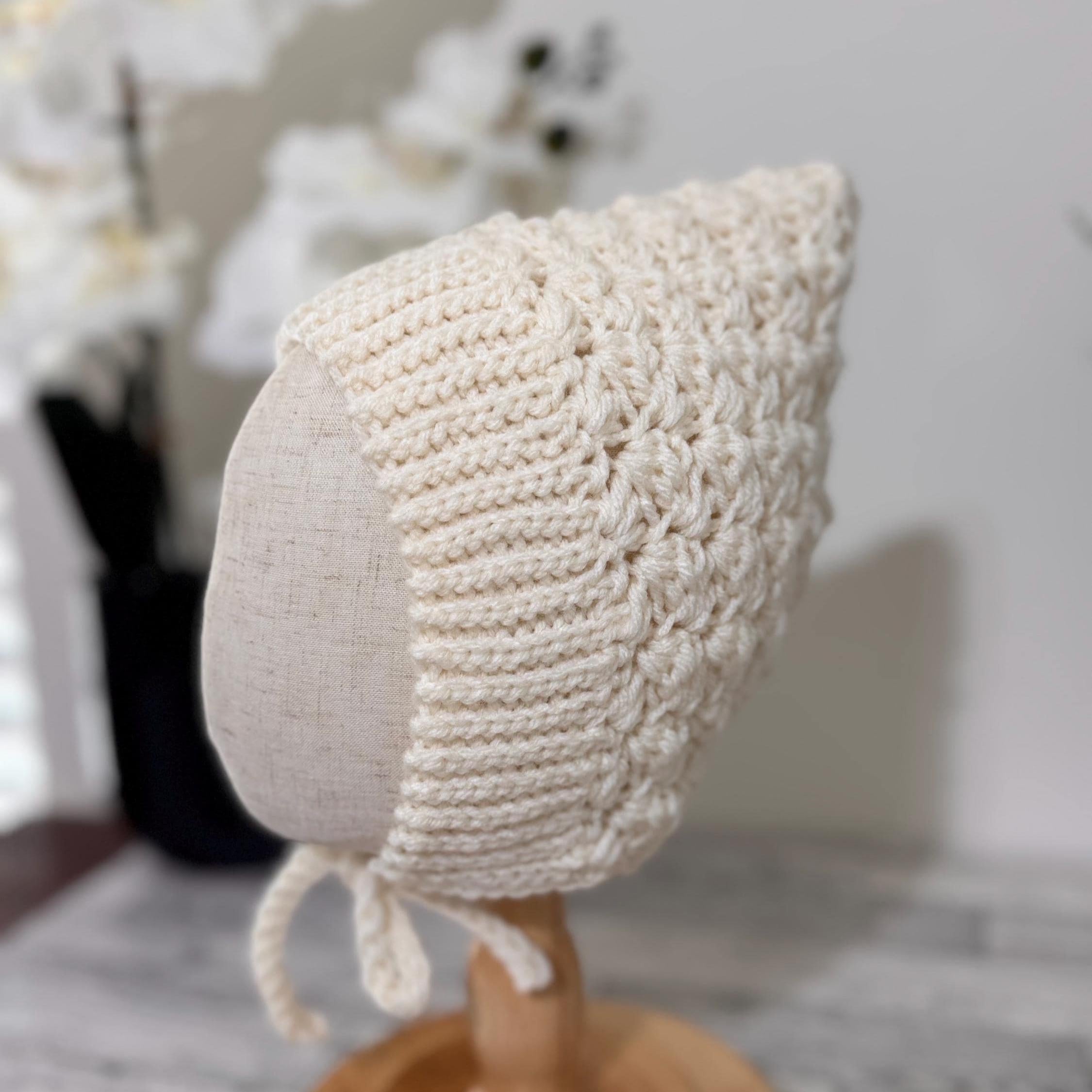 Baby Pixie Bonnet Hat: Secure Tie, Warm Ear Coverage Handmade Crochet Toddler Bonnet - almond color