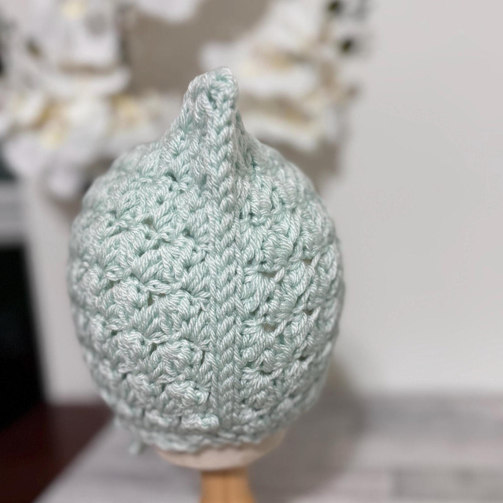 Baby Pixie Bonnet Hat: Secure Tie, Warm Ear Coverage Handmade Crochet Toddler Bonnet - almond color